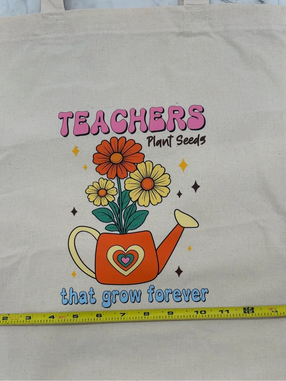 Canvas Tote Bag for Teachers - Beige with Colorful Floral Watering Can Print